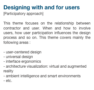Designing with and for users [Participatory approach]
This theme focuses on the relationship between contractor and user. When and how to involve users, how user participation influences the design process and so on. This theme covers mainly the following areas :
- user-centered design- universal design- interface ergonomics- architecture visualization: virtual and augmented reality- ambient intelligence and smart environments- etc.