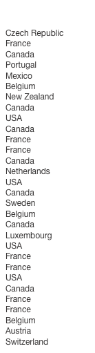 

Czech Republic
FranceCanadaPortugal
Mexico
Belgium
New ZealandCanadaUSACanada
France
France
CanadaNetherlandsUSACanada
Sweden
Belgium
Canada
LuxembourgUSA
FranceFranceUSACanadaFrance
France
BelgiumAustriaSwitzerland