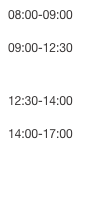 08:00-09:00

09:00-12:30


12:30-14:00

14:00-17:00
