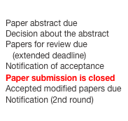
Paper abstract due
Decision about the abstract
Papers for review due
   (extended deadline)
Notification of acceptance
Paper submission is closed
Accepted modified papers dueNotification (2nd round)
