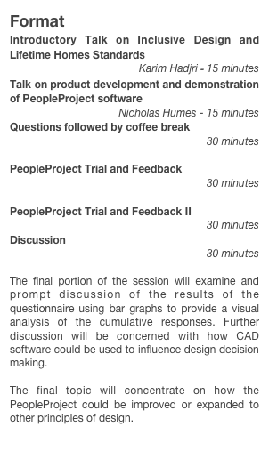Format
Introductory Talk on Inclusive Design and Lifetime Homes Standards
Karim Hadjri - 15 minutes
Talk on product development and demonstration of PeopleProject software
Nicholas Humes - 15 minutes
Questions followed by coffee break
30 minutes

PeopleProject Trial and Feedback
30 minutes

PeopleProject Trial and Feedback II
30 minutes
Discussion
30 minutes

The final portion of the session will examine and prompt discussion of the results of the questionnaire using bar graphs to provide a visual analysis of the cumulative responses. Further discussion will be concerned with how CAD software could be used to influence design decision making. 

The final topic will concentrate on how the PeopleProject could be improved or expanded to other principles of design.

